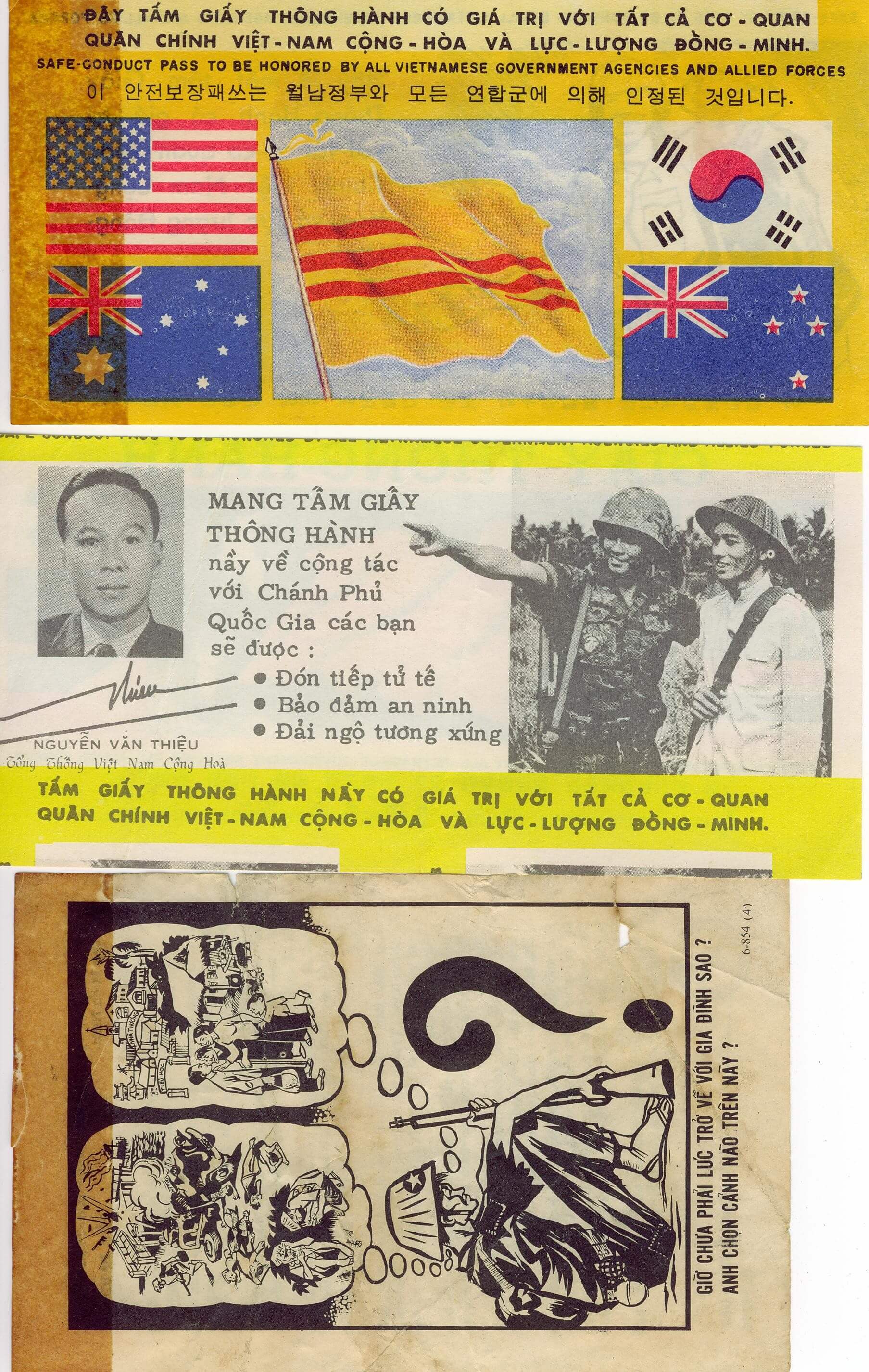 This picture shows ‘safe passes’ that were distributed about the country, mainly tossed from helicopters.  The intention was for Viet Cong to present one to our side – surrender if you will – and come over to the South Vietnam side.  It was meant to assure the holder of safe passage.  Not sure that always worked.